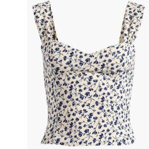 Reformation Hester Crepe Sweetheart Smocked Floral Top Ivory Blue 4